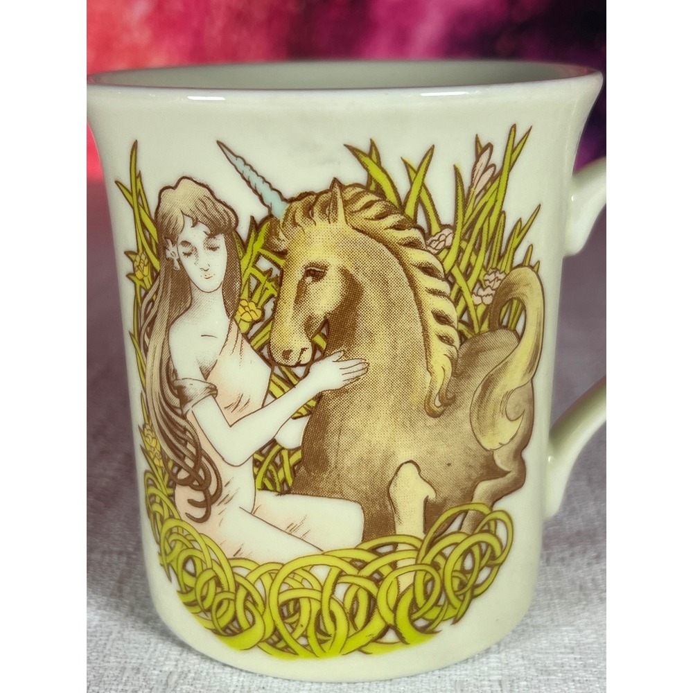 Vintage Norcrest Unicorn and Maiden Ceramic Mug Japan Fantasy 70s 80s Retro